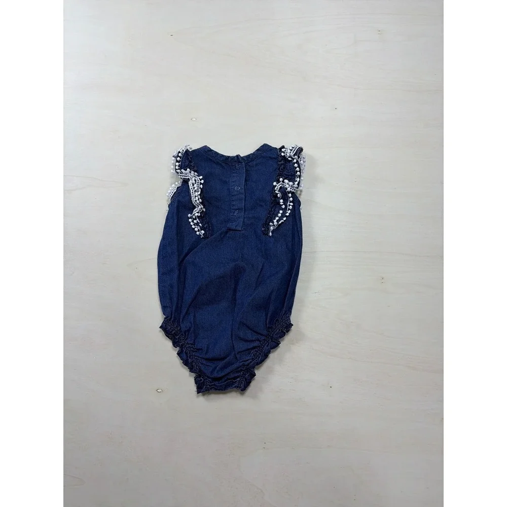 Bebe‎ Baby Denim Bubble Romper Dark Wash Rhinestone Logo Pom Pom Trim 0-3M